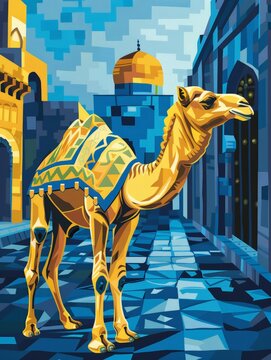 A painting depicting a camel calmly walking in the middle of a busy street surrounded by buildings and people