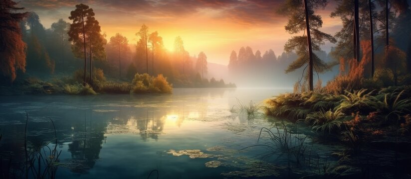 The natural landscape is transformed into a breathtaking work of art as the sun sets over the lake in the forest, painting the sky with vibrant colors as dusk settles in