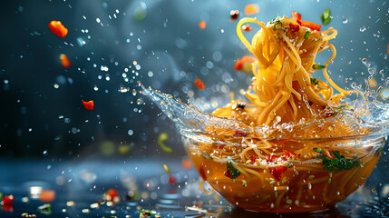 Noodles with soup splash or explosion flying in the air