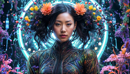 Fantasy Asian woman. Beautiful girl. Chimera floral background. Neon light. Selective focus. AI generated