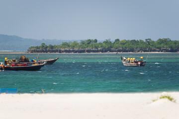 Obraz premium Fishing wooden boats moored near the beach at sunny day, Zanzibar,Tanzania Africa