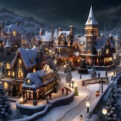 Christmas night in the village. Christmas and New Year background. 3d rendering