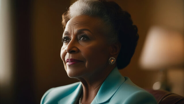 Portrait of confident black elderly elegant lady. Senior ethnic woman with grey afro hair at home