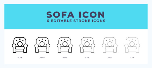 Sofa icon with different stroke. Editable stroke. Vector illustration.
