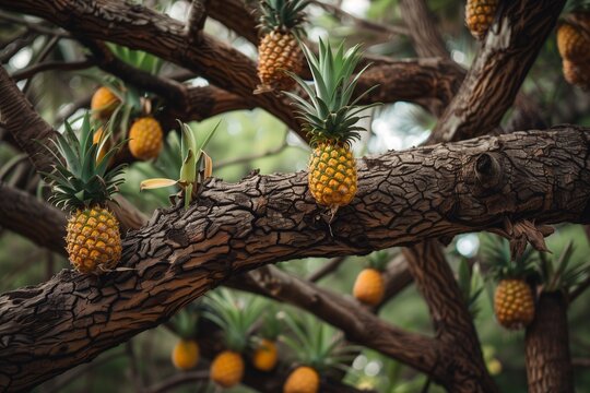 Pineapple growing from a tree