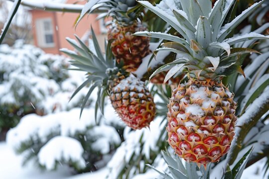 Pineapple growing from a tree in winter snow