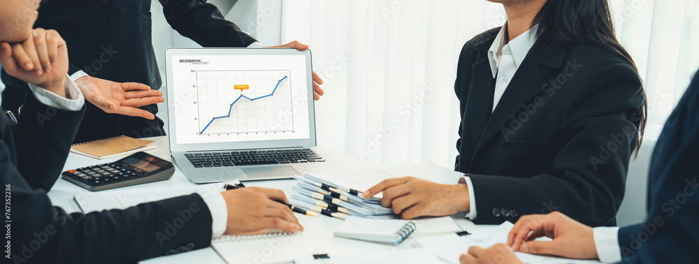 Poster business intelligence analyst team use bi software on laptop to analyze financial data dashboard. bu