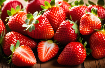 Strawberry background texture. Many ripe strawberries on a wooden table. Ripe juicy strawberry close-up.