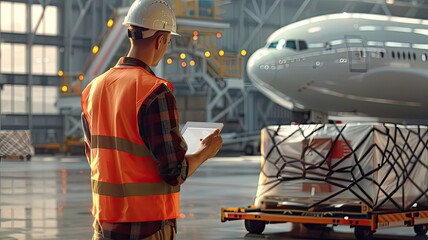 a logistician in action at the cargo airport, in a vest and white construction helmet, as he monitors the loading of a cargo pallet onto a waiting plane, utilizing tablet for logistics management.
