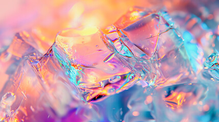 Fundo de cristais de gelo iluminado por várias cores em tons de luz neon. Uma cena deslumbrante e vibrante para seus projetos criativos - obrazy, fototapety, plakaty