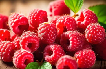 Raspberry background texture. Many ripe raspberries on a wooden table. Ripe juicy raspberries close-up.