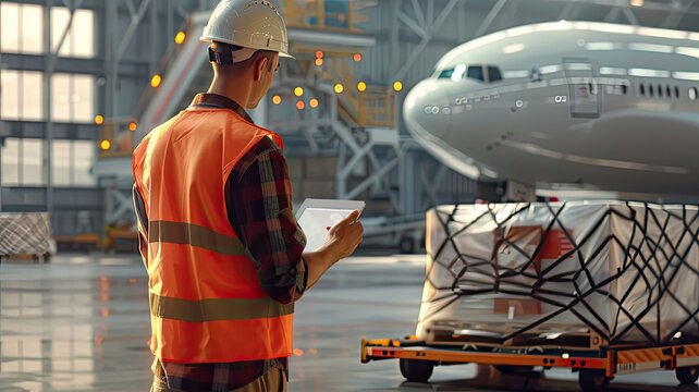 a logistician in action at the cargo airport, in a vest and white construction helmet, as he monitors the loading of a cargo pallet onto a waiting plane, utilizing tablet for logistics management.