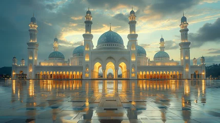 Foto op Aluminium In the heart of a bustling city, a grand mosque stands as a beacon of hope and unity, welcoming worshippers from near and far to celebrate Eid-al-Adha. Inside, the air is alive wit © Наталья Евтехова