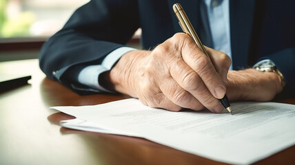 Cropped shot of senior old man elderly examining and signing last will and testament.