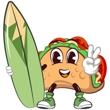 recommend clip art: cute taco mascot character emoticon carrying surfboard while giving peace sign, cute taco mascot