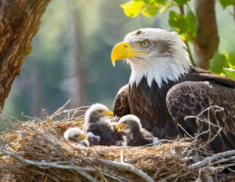 American bald eagle in a nest with eagle babies.