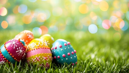 Fototapeta na wymiar Colorful Easter eggs on green grass with bokeh lights background. Festive spring holiday celebration concept.