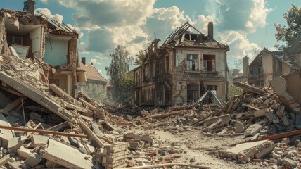Fototapeta na wymiar a terrace house destroyed by a gas or military shell explosion, evoking feelings of sorrow and empathy for those affected by the devastation.