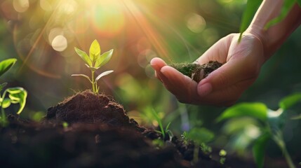 A close-up of a woman's hand gently holding a small green seedling against blurred soil and a lush forest backdrop, symbolizing new beginnings and growth in natures embrace.