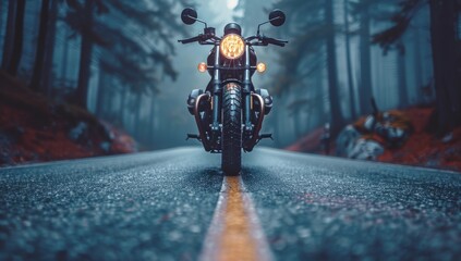 Black custom motorcycle parked on an empty foggy road in the middle of a misty forest with yellow line down the center of the road