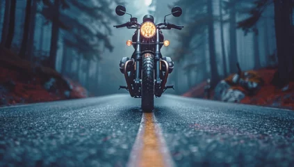 Fototapete Motorrad Black custom motorcycle parked on an empty foggy road in the middle of a misty forest with yellow line down the center of the road