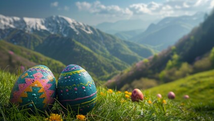 Colorful Easter eggs nestled in alpine meadow with majestic mountain landscape. Springtime celebration and holiday traditions amidst breathtaking natural scenery - obrazy, fototapety, plakaty