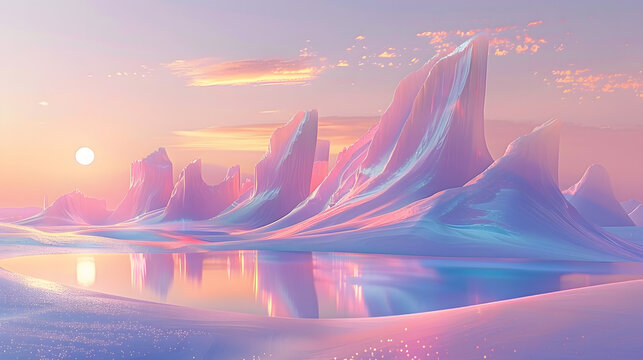 Surreal Pastel Structures Reflecting on Tranquil Waters at Sunrise