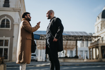 Two professional businessmen engaging in a conversation outdoors with city background.