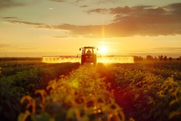 Fototapeta premium Smart Farming Technology: A Tractor Spraying Pesticides on Soybean Crops at Sunset. Concept Agricultural Innovation, Crop Spraying Equipment, Sustainable Farming Practices, Technology in Agriculture