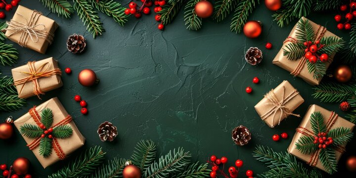 Christmas holiday background with gifts, ornaments, and evergreen branches on dark green backdrop