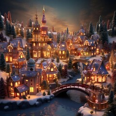 Fantasy winter landscape with small town and bridge. 3D rendering