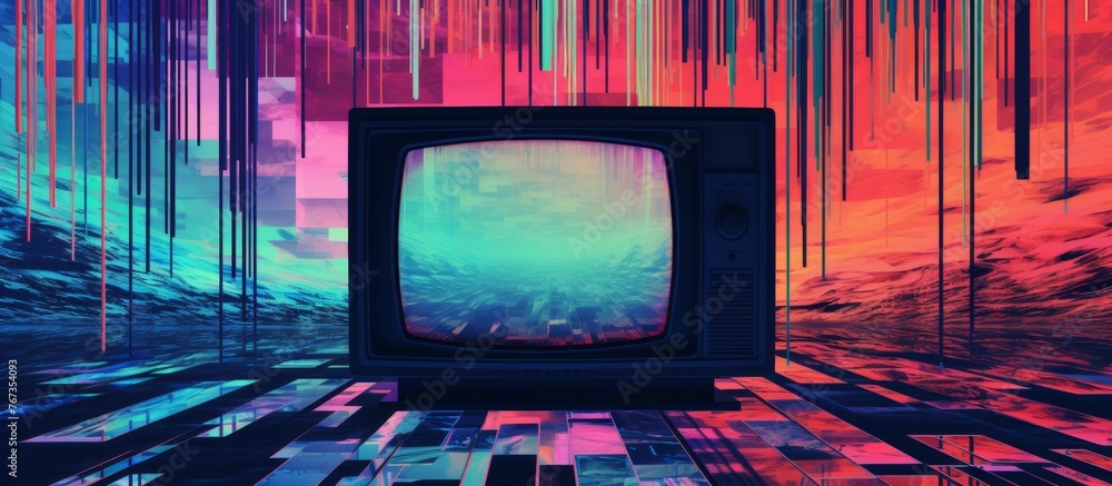 Poster an electric blue computer monitor is set against a magenta and purple background, creating a symmetr