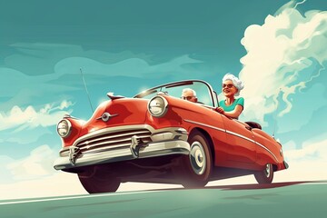 Old Woman Driving a Red Car Down a Road - obrazy, fototapety, plakaty