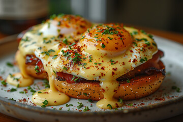 Classic Eggs Benedict with Creamy Hollandaise Sauce on Toasted English Muffin