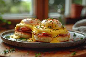 Classic Eggs Benedict with Creamy Hollandaise Sauce on Toasted English Muffin