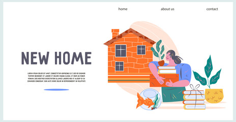Banner for a website with a woman moving to a new house. Home loan, mortgage and real estate. House moving agency banner or poster design, flat vector.
