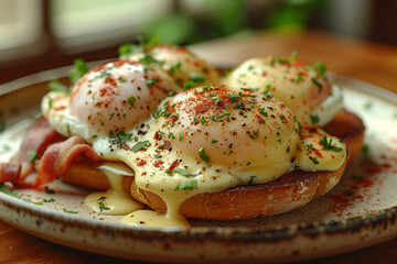 Classic Eggs Benedict with Creamy Hollandaise Sauce on Toasted English Muffin