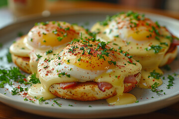 Classic Eggs Benedict with Creamy Hollandaise Sauce on Toasted English Muffin