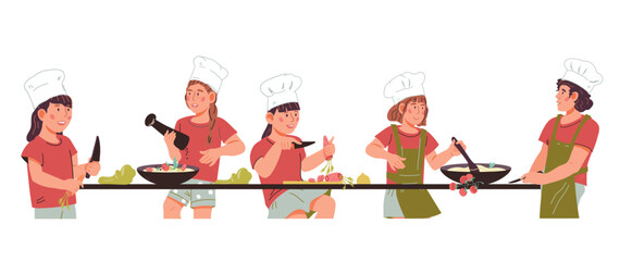Educational cooking classes for kids that help them develop skills in the kitchen, flat vector illustration isolated on background. Classes for young aspiring chefs banner or poster template.