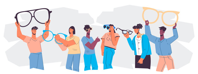 People trying on stylish eyeglasses and optical accessories at optical store. Optometry needs and eyesight exams concept, flat vector illustration isolated on background.