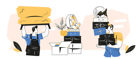 Home relocation service to help with house or office move. Team of porters provides delivery services for a seamless house relocation experience, flat vector illustration isolated on background.
