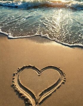 Heart drawn on the sand on the beach and sea wave background. The concept of love and romance.