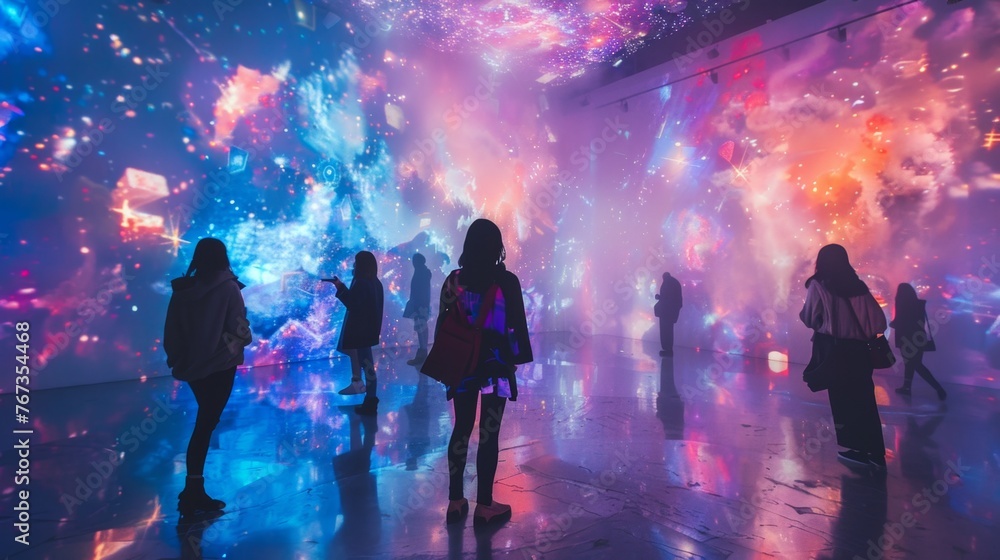 Poster visitors exploring a vivid light installation at an art exhibit