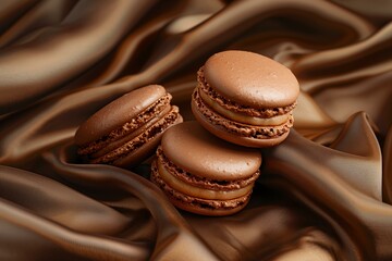 delicious chocolate flavor macaroons on a brown silk fabric, luxury treats