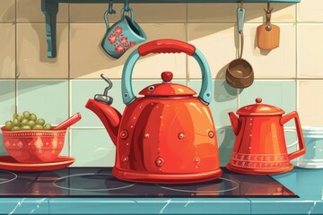 A Painting of a Kettle and Bowl of Grapes on a Kitchen Counter