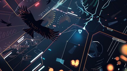 A black bird soars gracefully through the sky above a bustling futuristic cityscape. The birds dark silhouette contrasts against the gleaming skyscrapers and advanced technology below.