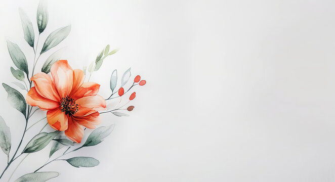 Watercolor orange flower and green leaves on a white background. Copy space. Generated AI
