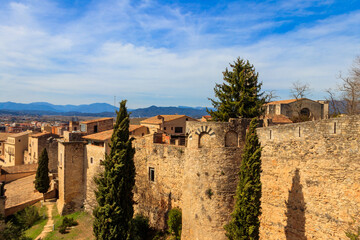 Fototapeta na wymiar Panoramic view of Girona viewed from the medieval city walls, Catalonia, Spain