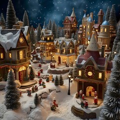Christmas and New Year miniature town. Winter scene. 3D rendering