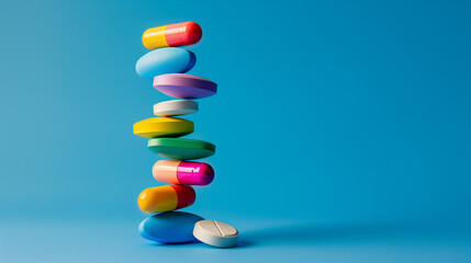 Colorful stacked pills on blue background for healthcare themes.
